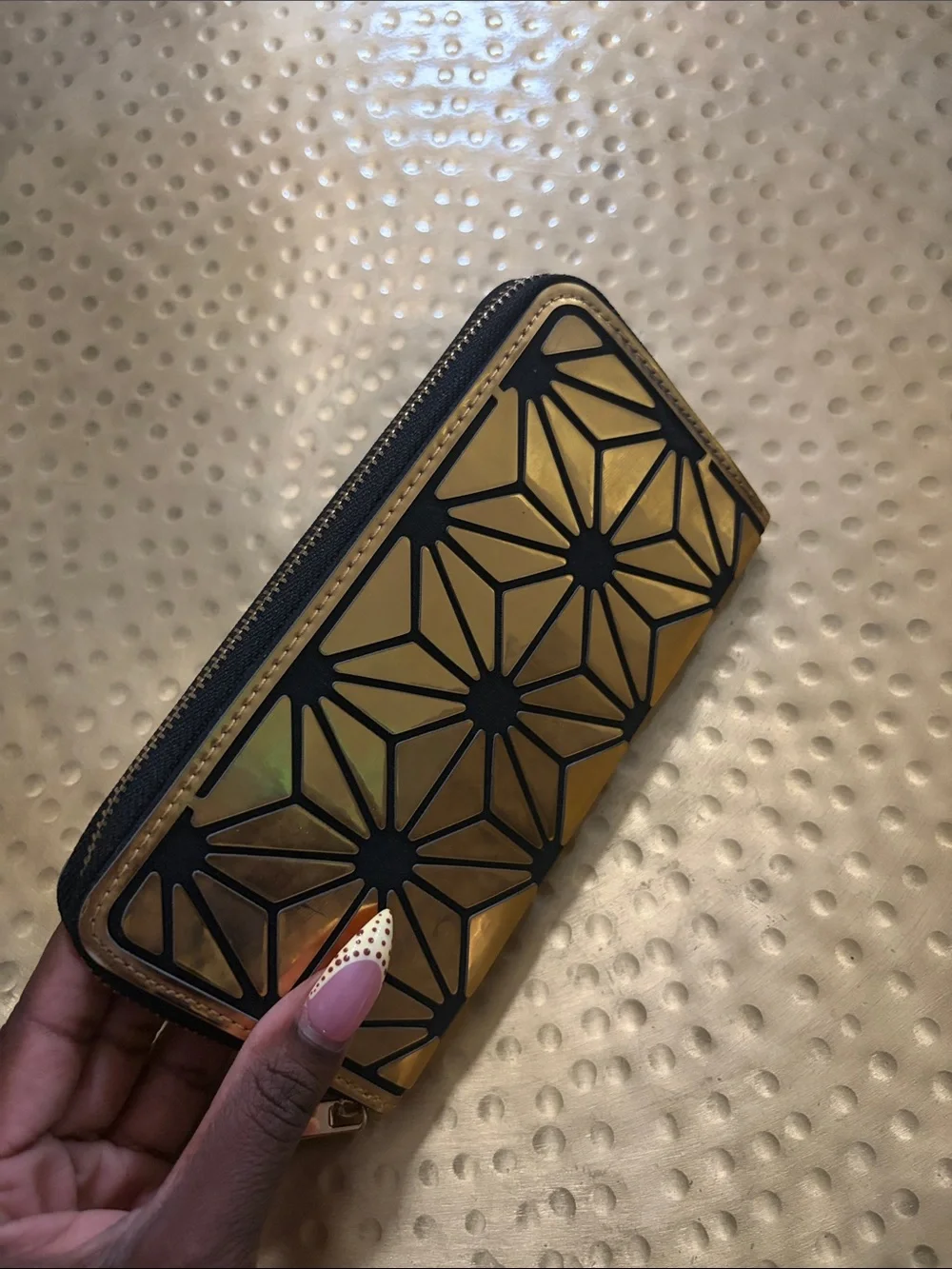 Women's Zip-Around Wallet in Cream and Navy Geometric Pattern
